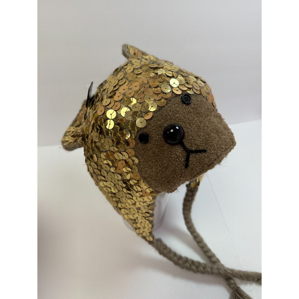 American Rag Bear Hat Gold Sequin Knit Beanie Winter Warm Ear Flap One Size